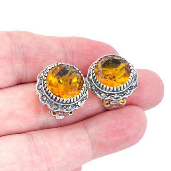 Vintage Sterling Silver 925 Yellow Glass & Marcasite Clip-on Earrings